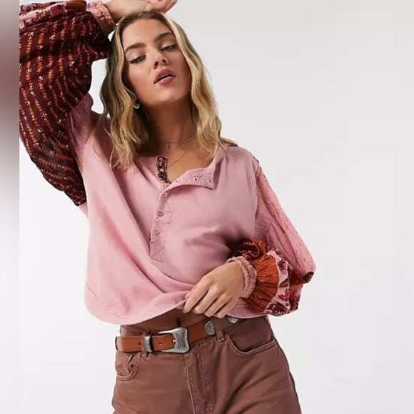 Free People Tops - Free People Light Magic Printed Sleeve Henley Boho Top